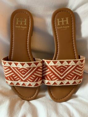 Haute Hippie Aztec design embroidered slide sandals